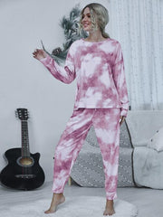 Tie-dye Round Neck Top and Drawstring Pants Lounge Set - Flyclothing LLC