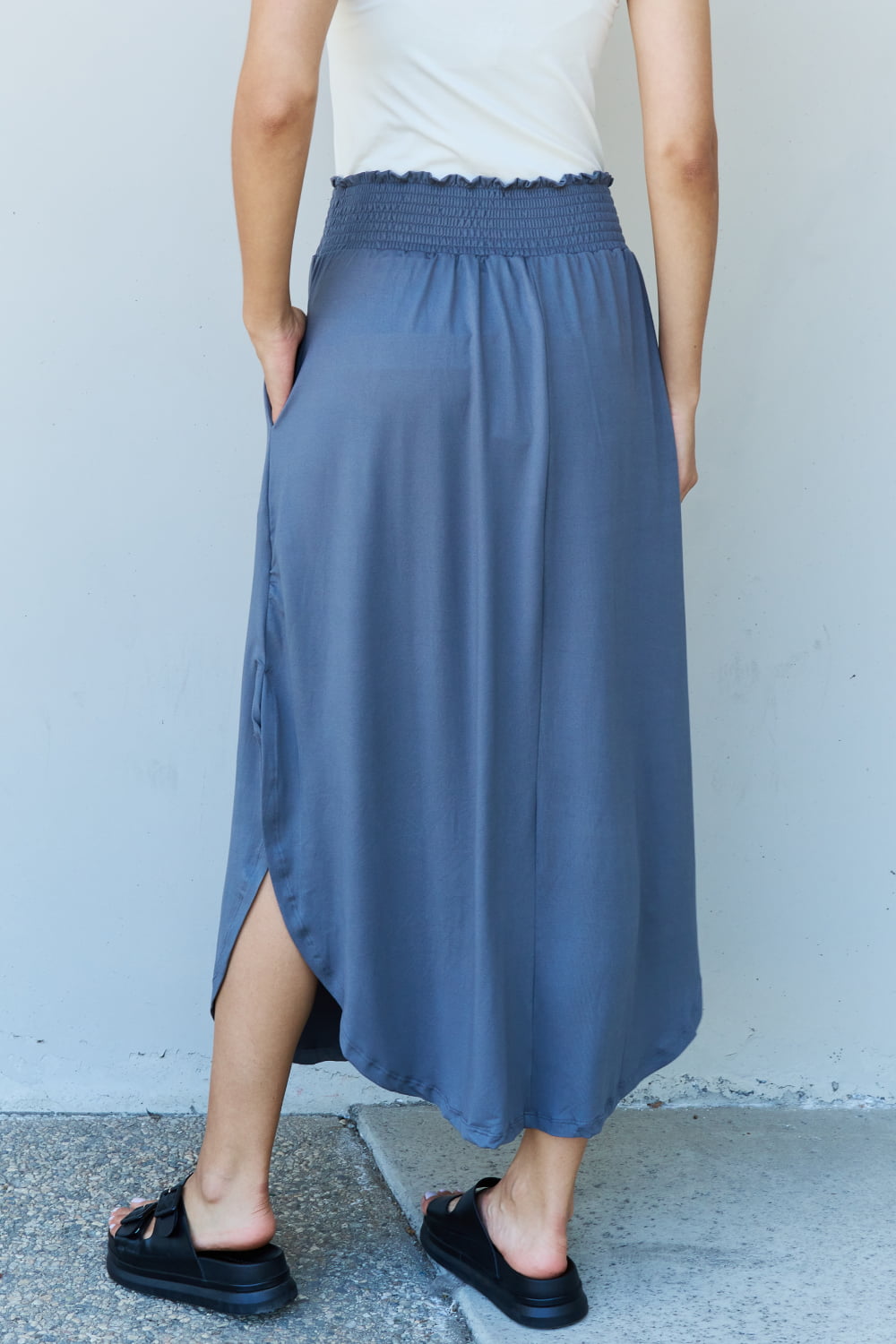 Doublju Comfort Princess Full Size High Waist Scoop Hem Maxi Skirt in Dusty Blue - Flyclothing LLC