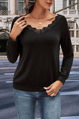 V-Neck Long Sleeve Lace Trim Blouse - Flyclothing LLC