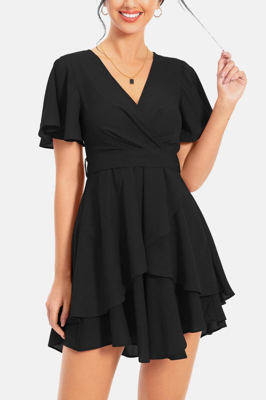 Surplice Neck Flutter Sleeve Dress - Flyclothing LLC