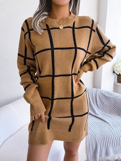 Plaid Round Neck Dropped Shoulder Sweater Dress - Flyclothing LLC