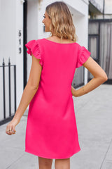 Ruffled V-Neck Flutter Sleeve Dress - Flyclothing LLC