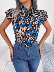 Leopard Tie Neck Cap Sleeve Blouse - Flyclothing LLC