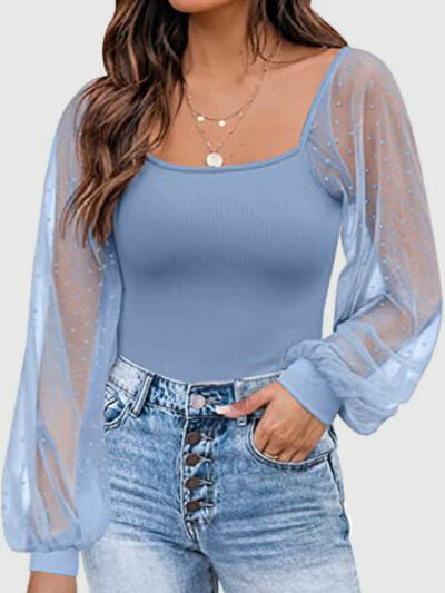 Polka Dot Square Neck Lantern Sleeve Blouse - Flyclothing LLC