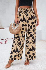 Smocked Printed Wide Leg Pants with Pockets - Flyclothing LLC