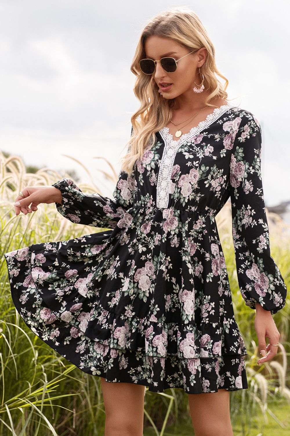 Floral Lace Trim Long Sleeve Dress - Flyclothing LLC