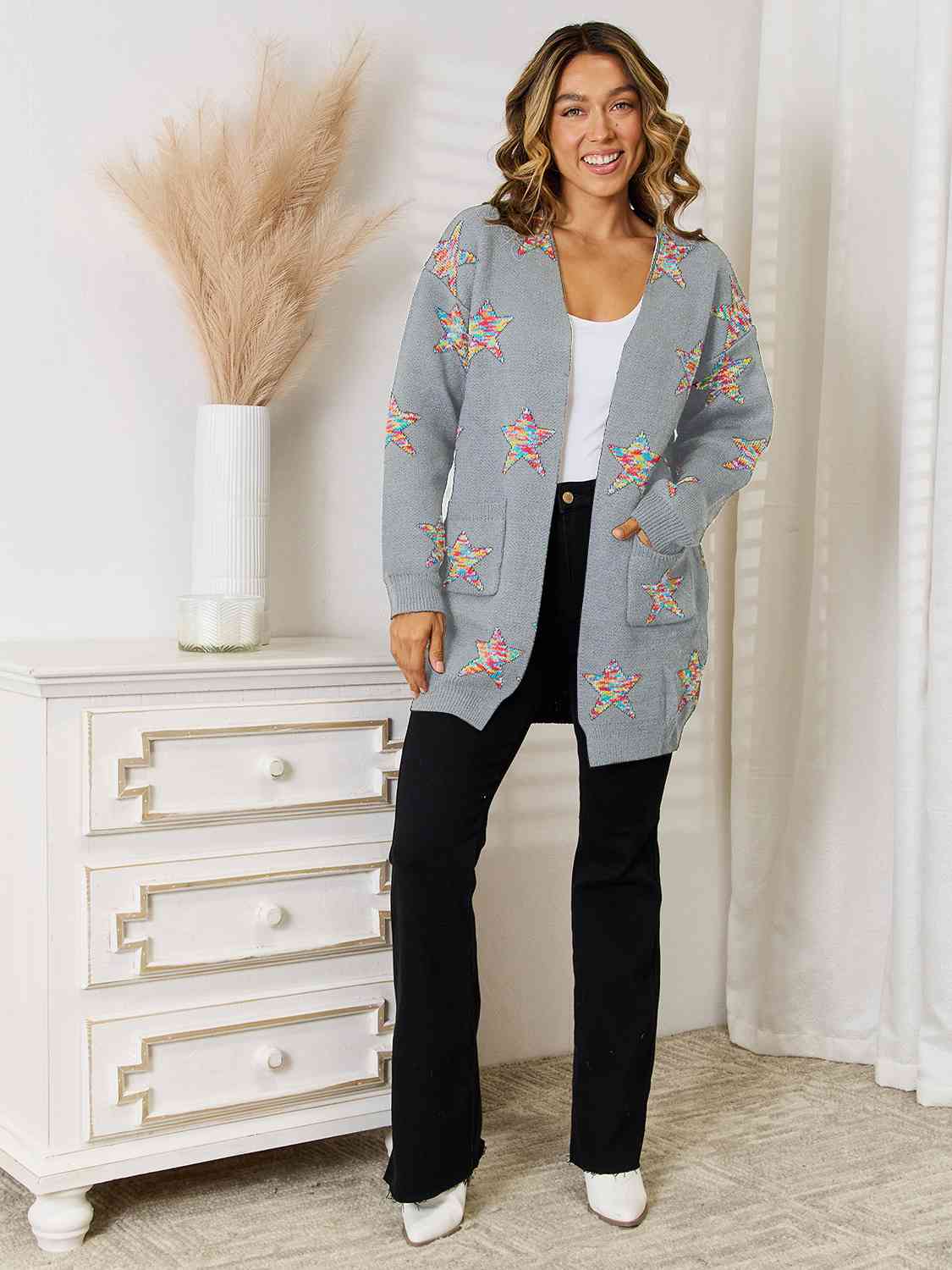 Star Pattern Open Front Cardigan with Pockets - Flyclothing LLC