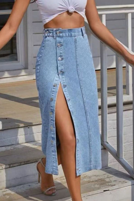 Button Fly Split Denim Skirt - Flyclothing LLC