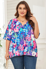 Floral Center Seam V-Neck Blouse - Flyclothing LLC