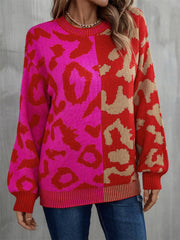 Leopard Round Neck Long Sleeve Sweater - Trendsi