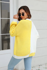 Open Front Contrast Color Balloon Sleeve Cardigan - Flyclothing LLC