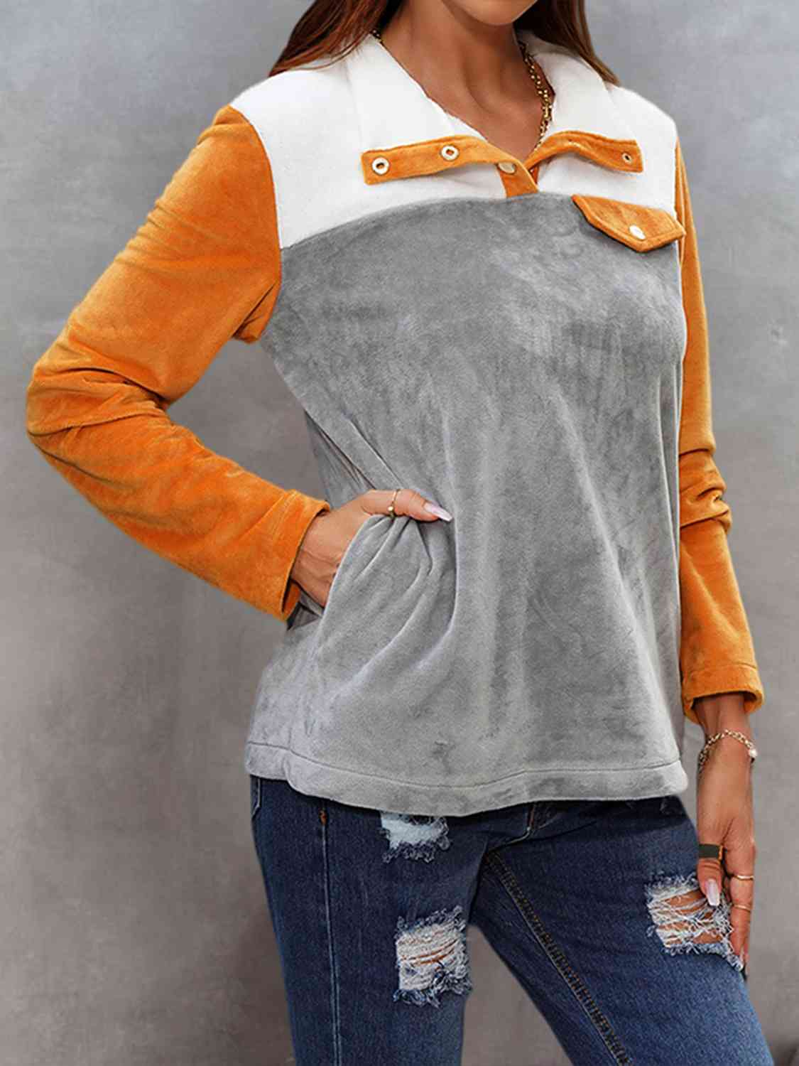 Color Block Collared Sweatshirt with Pockets - Flyclothing LLC