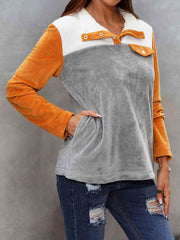 Color Block Collared Sweatshirt with Pockets - Flyclothing LLC