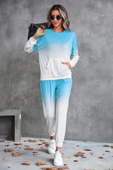 Gradient Round Neck Sweatshirt and Joggers Set - Flyclothing LLC