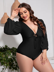 Plus Size Tied Deep V Balloon Sleeve One-Piece Swimsuit - Flyclothing LLC