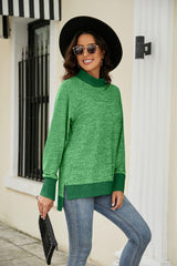 Heathered Slit High-Low Long Sleeve Top - Trendsi