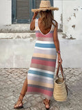 Slit Striped Round Neck Sleeveless Dress - Flyclothing LLC