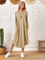 Pocketed Round Neck Long Sleeve Tee Dress - Flyclothing LLC