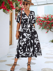 Printed Surplice Balloon Sleeve Dress - Flyclothing LLC