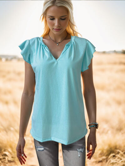 Ruffled Notched Cap Sleeve Tank - Flyclothing LLC