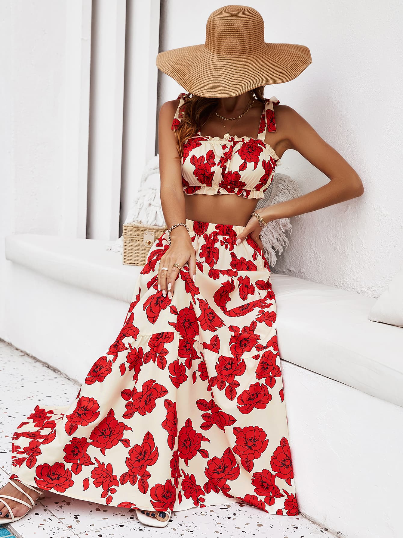 Floral Tie Shoulder Top and Tiered Maxi Skirt Set - Flyclothing LLC