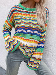 Rainbow Stripe Openwork Flare Sleeve Knit Top - Flyclothing LLC