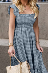 Full Size Smocked Ruffled Plaid Ruffle Hem Dress - Trendsi