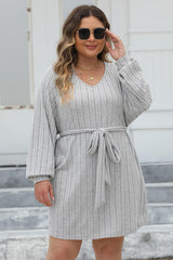 Plus Size Ribbed Tie Front Long Sleeve Sweater Dress - Flyclothing LLC