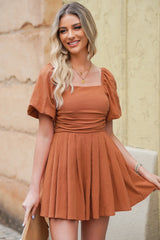 Square Neck Pleated Dress with Pockets - Flyclothing LLC