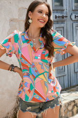 Multicolored Frill Trim V-Neck Flounce Sleeve Blouse - Flyclothing LLC