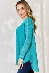 Zenana Oversized Washed Waffle Long Sleeve Top - Flyclothing LLC