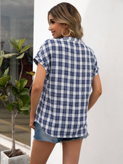 Plaid Notched Short Sleeve Blouse - Flyclothing LLC