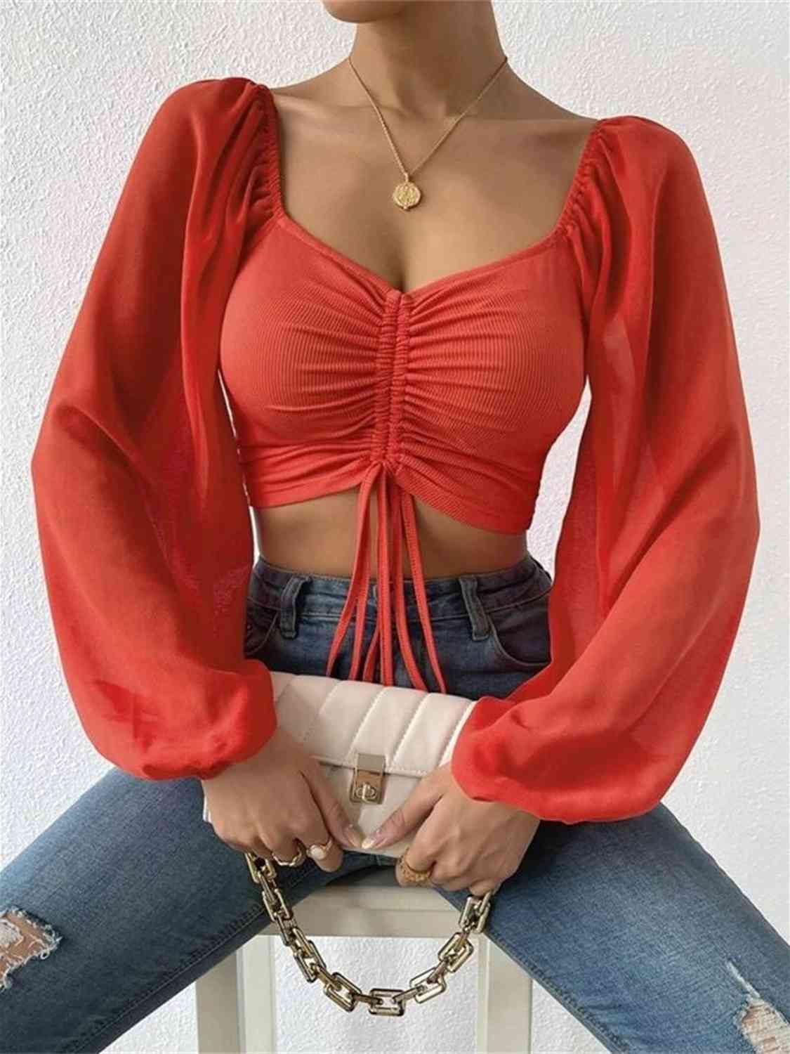 Drawstring Sweetheart Neck Cropped Top - Flyclothing LLC