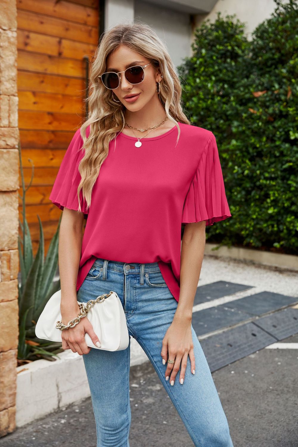 Pleated Flutter Sleeve Round Neck Blouse - Flyclothing LLC