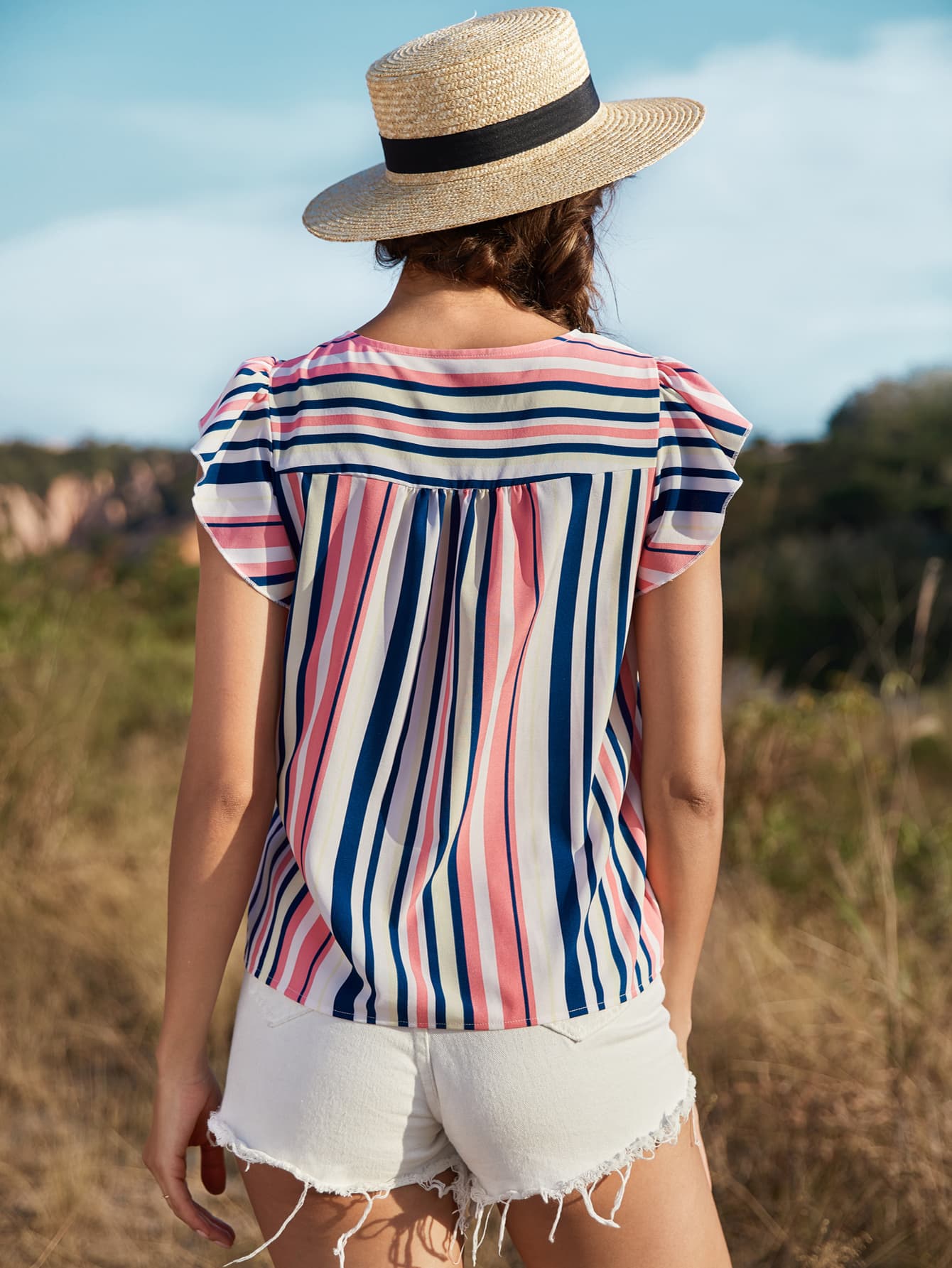 Striped Flutter Sleeve Tied Blouse - Flyclothing LLC