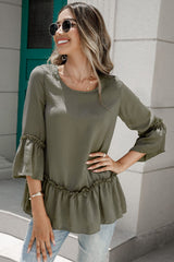 Frill Trim Round Neck Blouse - Flyclothing LLC