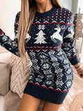 Reindeer & Snowflake Round Neck Sweater Dress - Flyclothing LLC