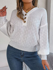 Half Button V-Neck Long Sleeve Sweater - Flyclothing LLC