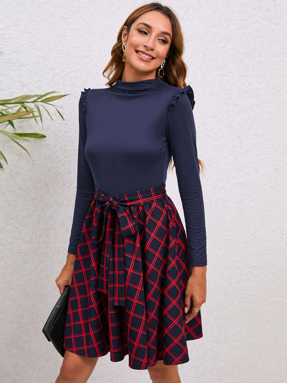 Plaid Tie Waist Ruffle Shoulder Dress - Flyclothing LLC