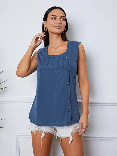 Square Neck Decorative Button Tank - Flyclothing LLC