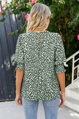 Polka Dot Round Neck Lantern Sleeve Blouse - Flyclothing LLC