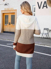 Color Block Open Front Hooded Cardigan - Trendsi