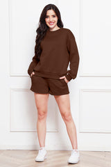 Round Neck Long Sleeve Sweatshirt and Drawstring Shorts Set - Flyclothing LLC