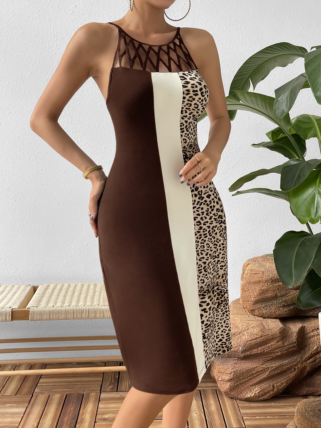 Leopard Color Block Cutout Sleeveless Knee-Length Dress - Flyclothing LLC