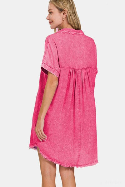 Zenana Washed Linen V-Neck Raw Hem Dress - Flyclothing LLC