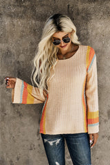 Striped Round Neck Long Sleeve Sweater - Flyclothing LLC