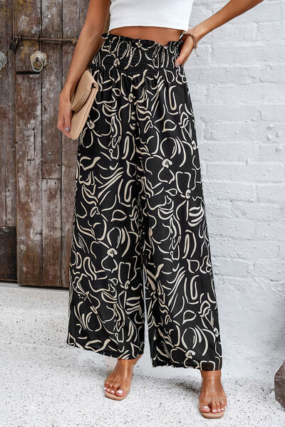 Smocked Printed Wide Leg Pants with Pockets - Flyclothing LLC