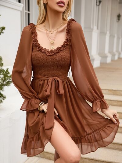 Tie Front Ruffle Hem Smocked Dress - Flyclothing LLC