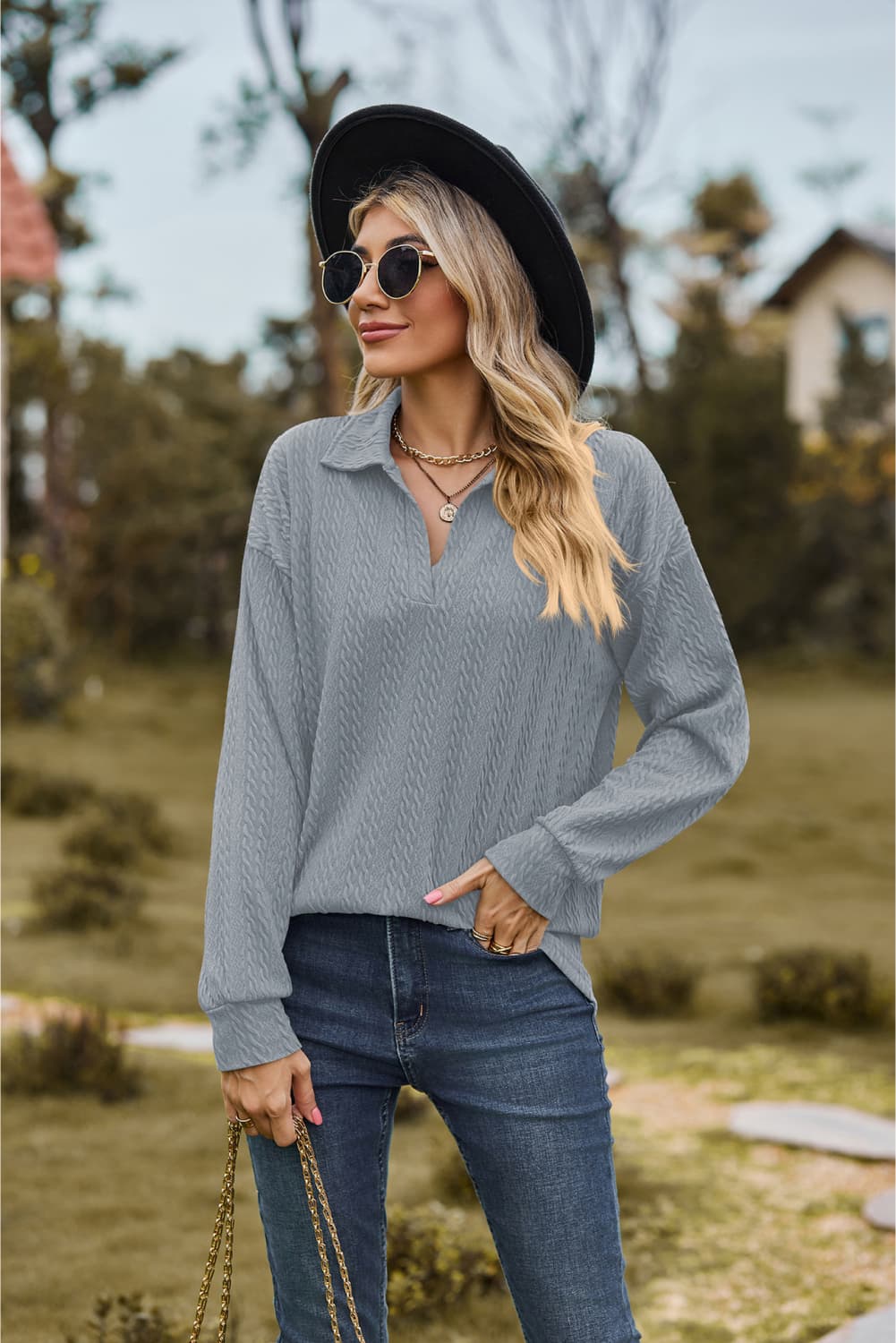 Collared Neck Cable-Knit Long Sleeve Blouse - Flyclothing LLC