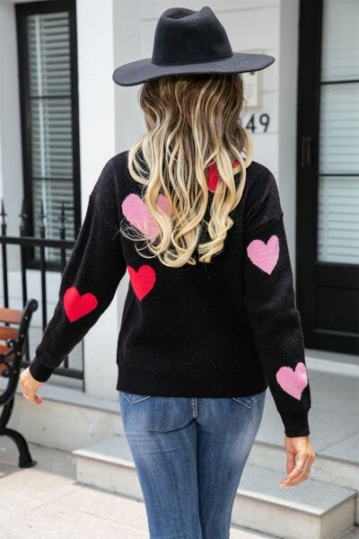 Heart Round Neck Droppped Shoulder Sweater - Flyclothing LLC